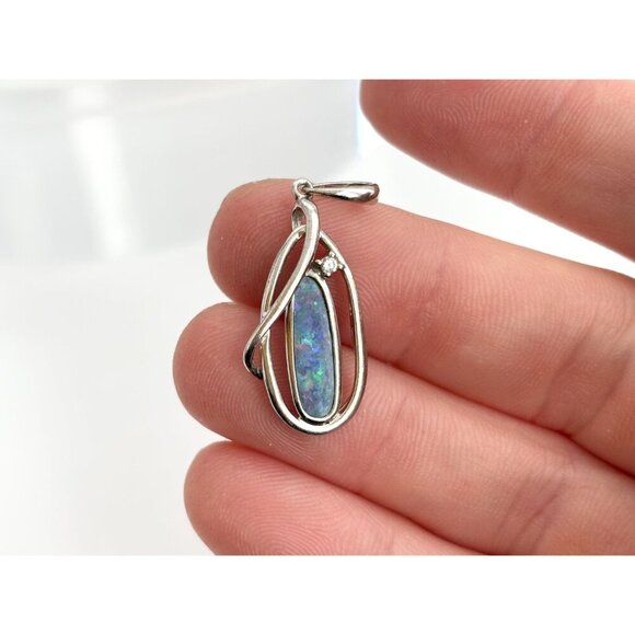 RARE Australian Opal Oval Crossover Swirly Sterling Silver 925 Vintage Pendant - Picture 8 of 9